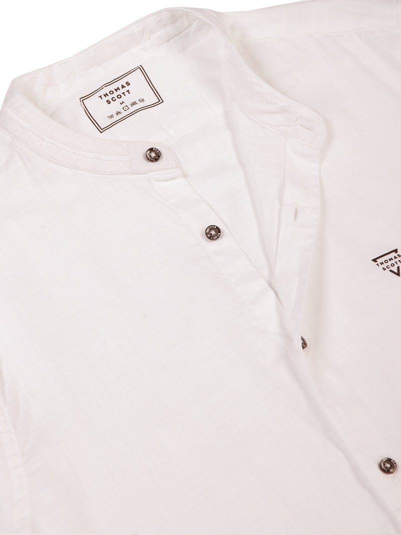 Thomas Scott Men White Slim Fit Long Sleeves Solid Mandarin Collar Cotton Linen Casual Shirt