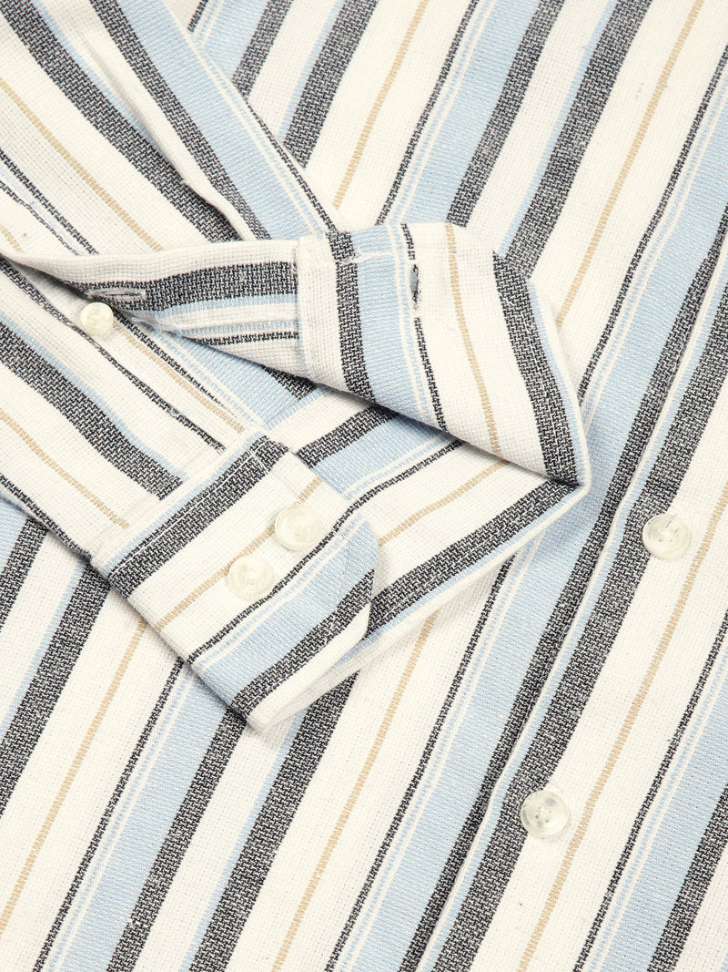 Thomas Scott Men Light Blue Premium Long Sleeves Slim Fit Button-Down Collar Vertical Stripes Casual Shirt