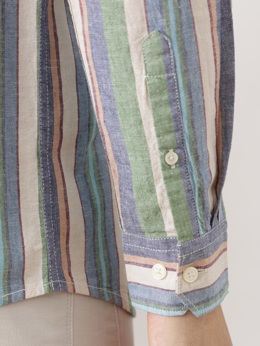 NaturalB Regular Fit Roll-Up Sleeve Spread Collar Vertical Striped Cotton Linen Casual Shirt For Men