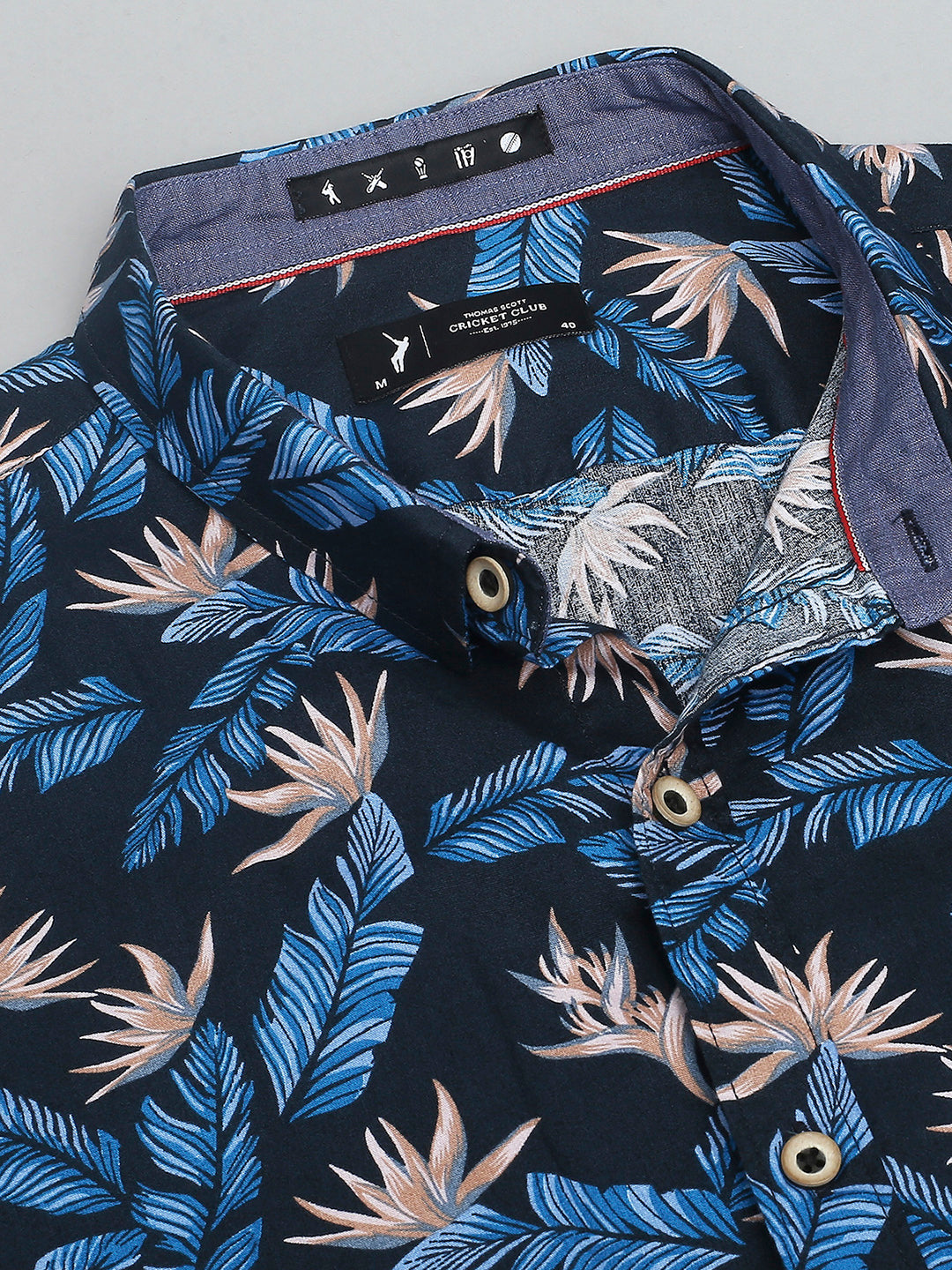 Thomas Scott Men Navy Classic Short Sleeves Slim Fit Spread Collar Floral Printed Cotton Casual Shirt