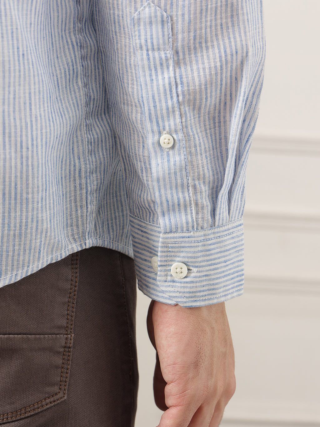 Blue Premium Regular Fit Roll-Up Sleeve Mandarin Collar Pinstripe Linen Casual Shirt for Men