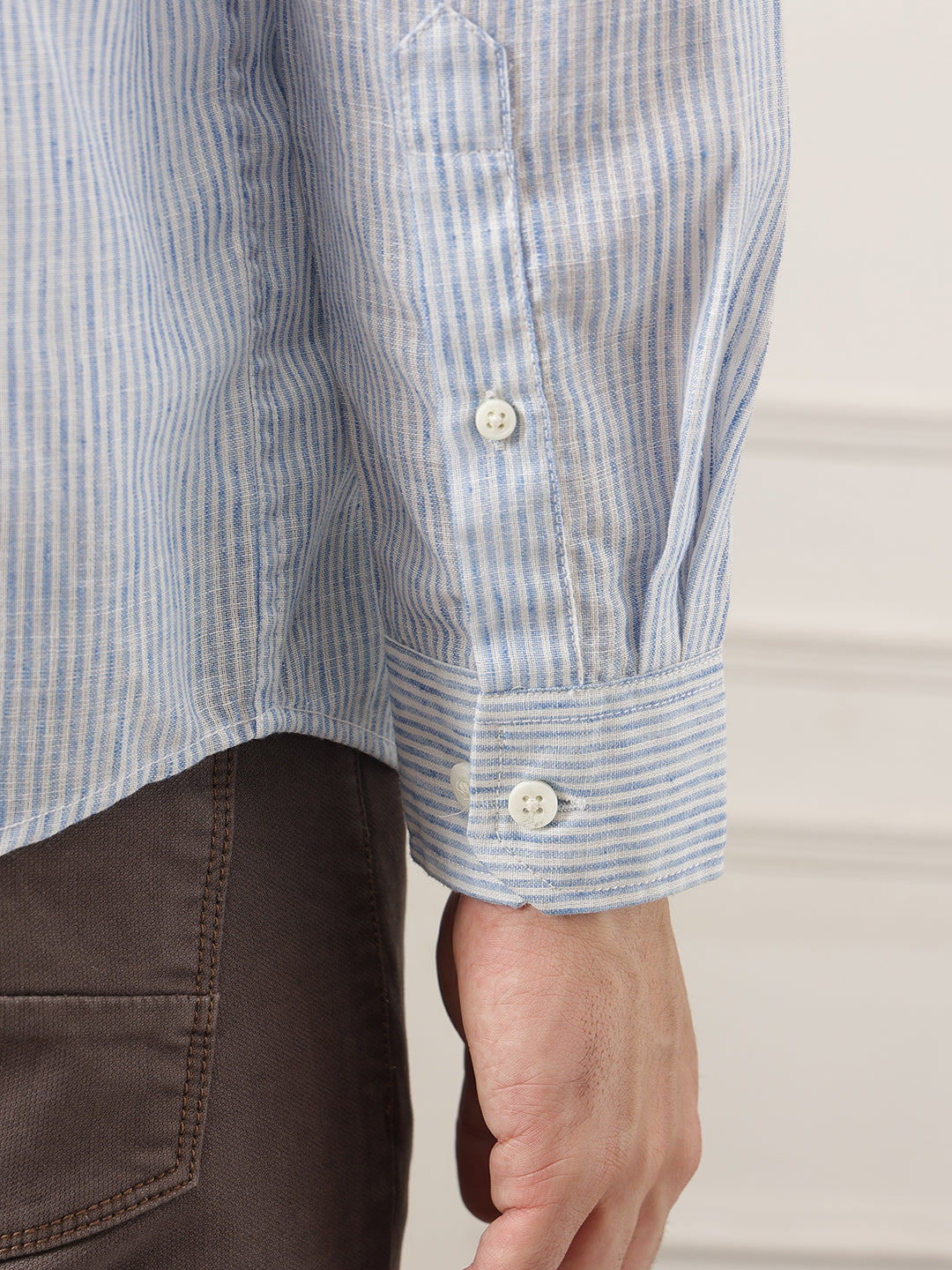Blue Premium Regular Fit Roll-Up Sleeve Mandarin Collar Pinstripe Linen Casual Shirt for Men