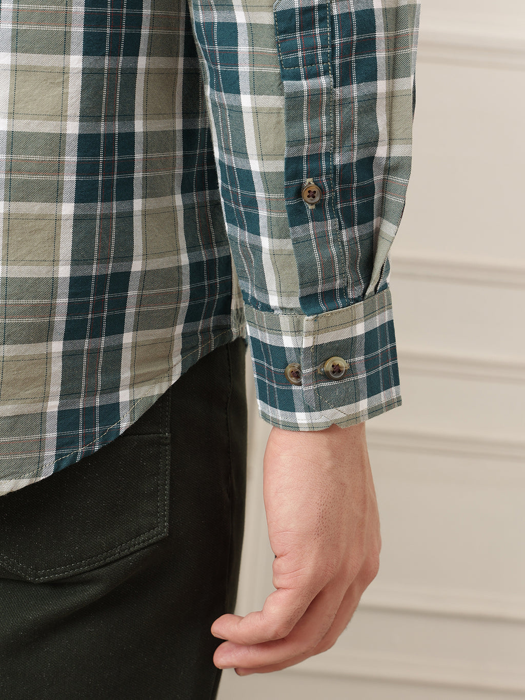 Olive Premium Regular Fit Tartan Checks Cotton Oxford Shirt For Men