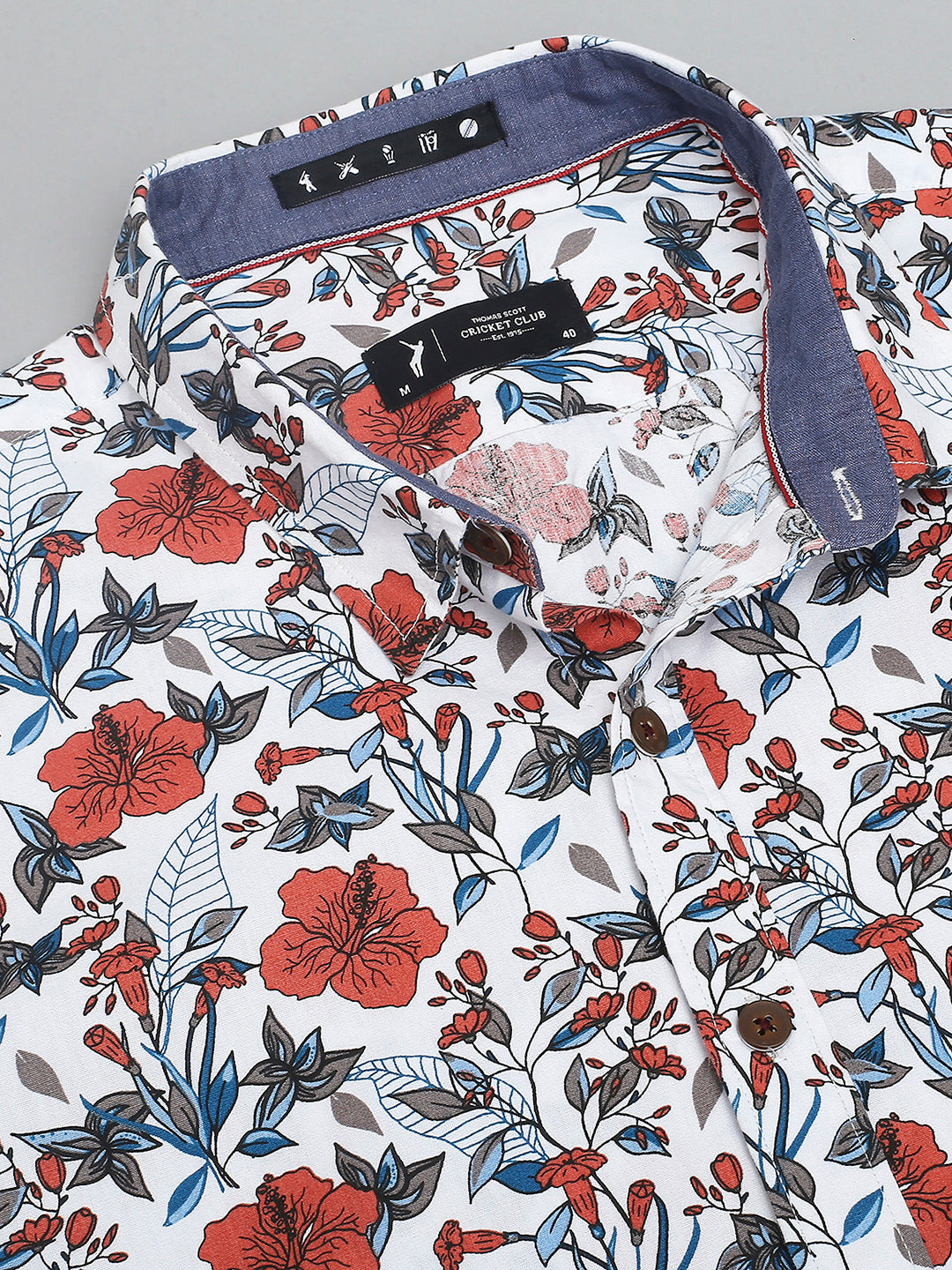 Thomas Scott Men White 2 Classic Short Sleeves Slim Fit Spread Collar Floral Printed Cotton Casual Shirt