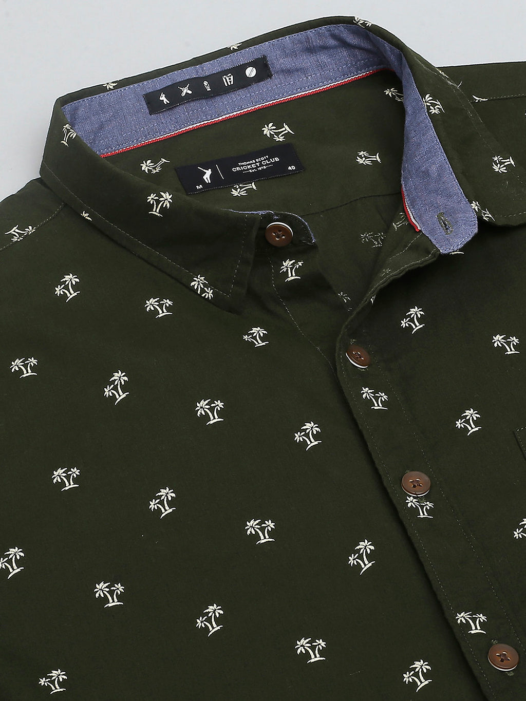 Thomas Scott Men Dark Green Classic Short Sleeves Slim Fit Spread Collar Conversational Printed Cotton Casual Shirt
