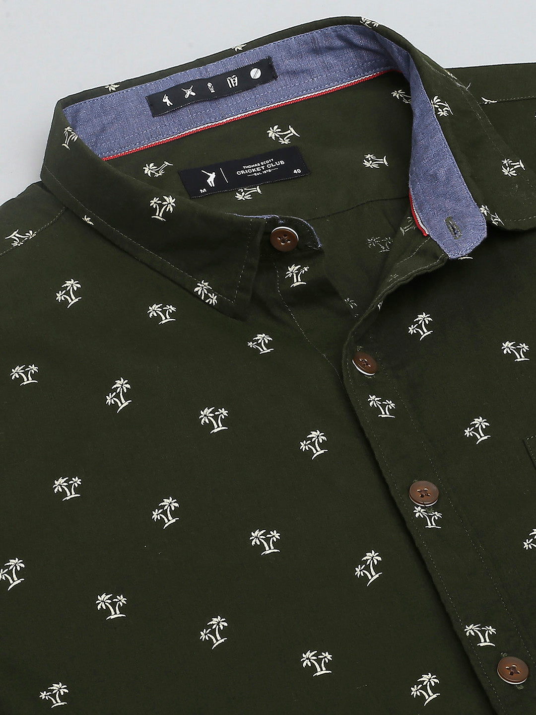 Thomas Scott Men Dark Green Classic Short Sleeves Slim Fit Spread Collar Conversational Printed Cotton Casual Shirt