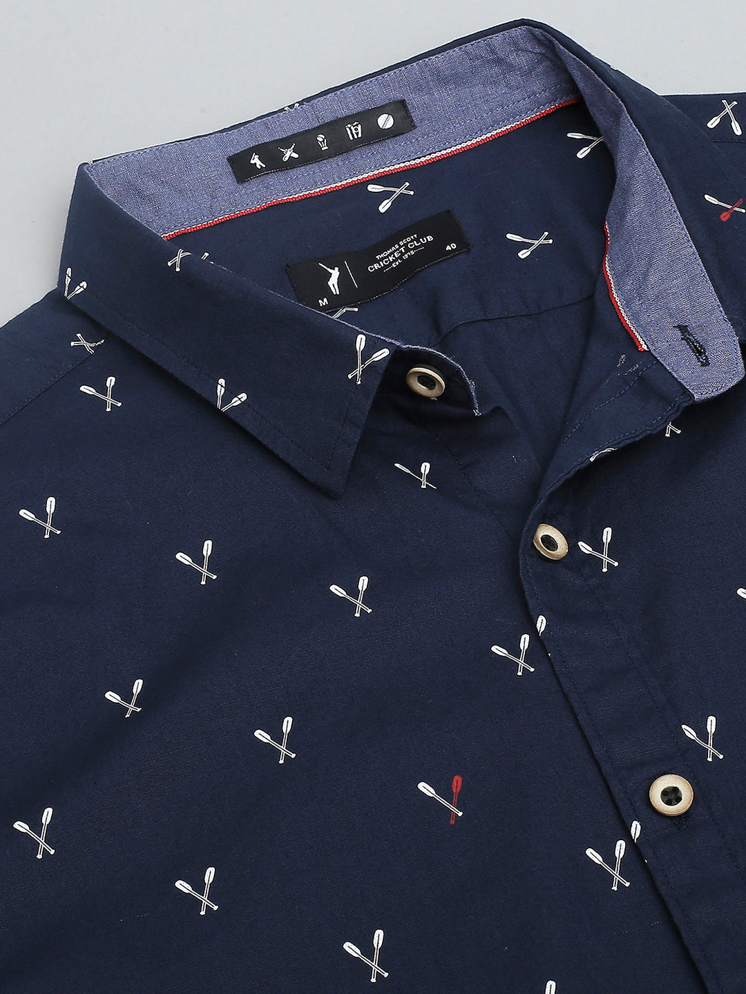 Thomas Scott Men Royal Navy Classic Short Sleeves Slim Fit Spread Collar Conversational Printed Cotton Casual Shirt