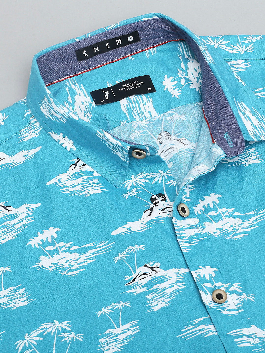 Thomas Scott Men Turquoise Classic Short Sleeves Slim Fit Spread Collar Conversational Printed Cotton Casual Shirt
