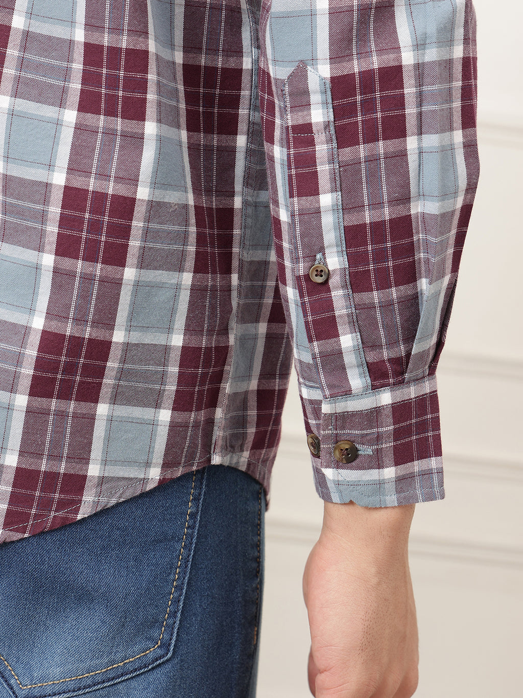 Maroon Premium Regular Fit Tartan Checks Cotton Oxford Shirt For Men