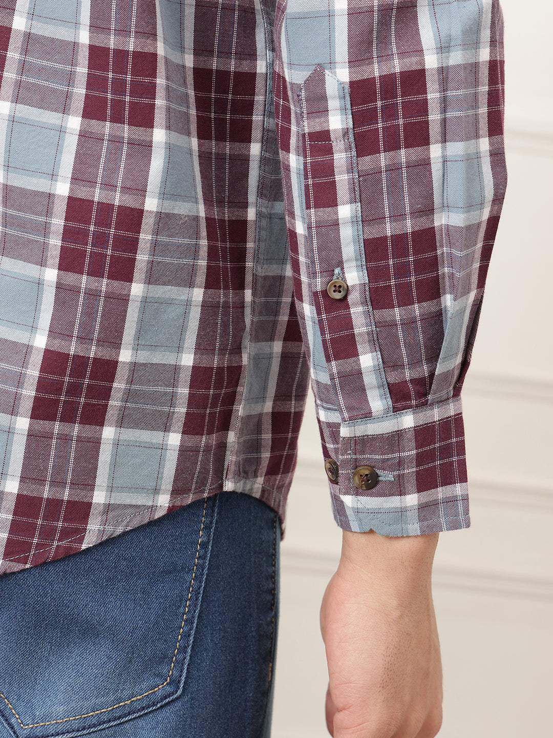 Maroon Premium Regular Fit Tartan Checks Cotton Oxford Shirt For Men
