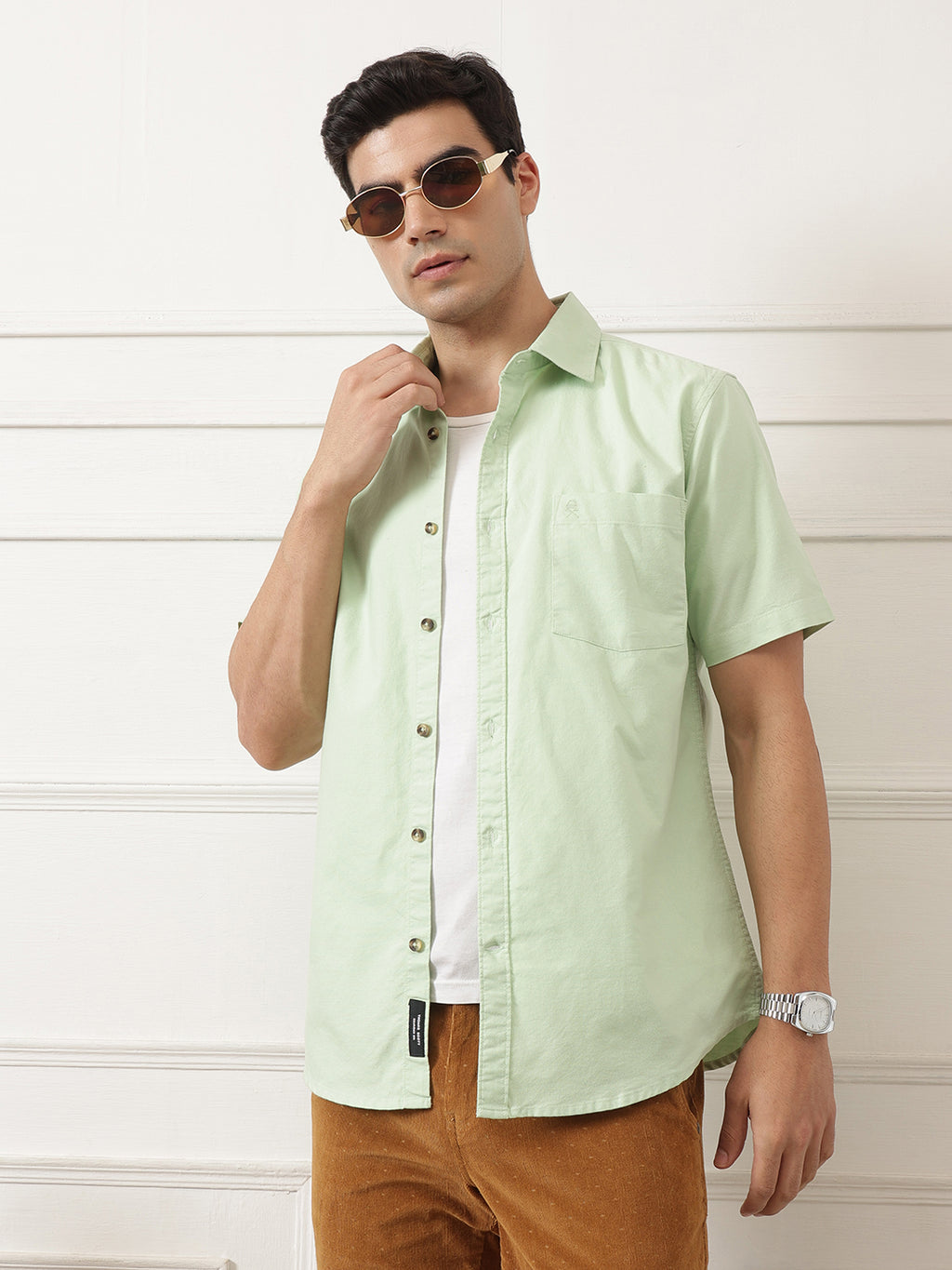 Pista Regular Fit Short Sleeve Spread Collar Solid Oxford Cotton Casual Shirt For Men