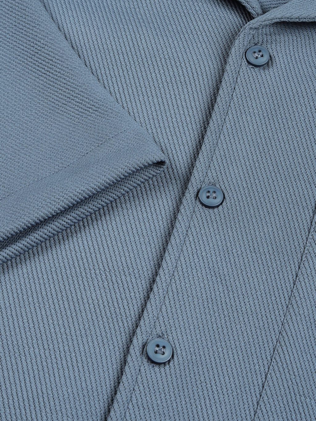 Thomas Scott Men Mid Blue Premium Short Sleeves Regular Fit Cuban Collar Textured Cotton Twill Shirt