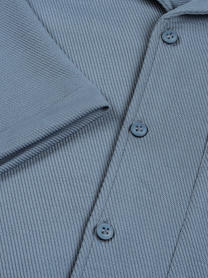 Thomas Scott Men Mid Blue Premium Short Sleeves Regular Fit Cuban Collar Textured Cotton Twill Shirt