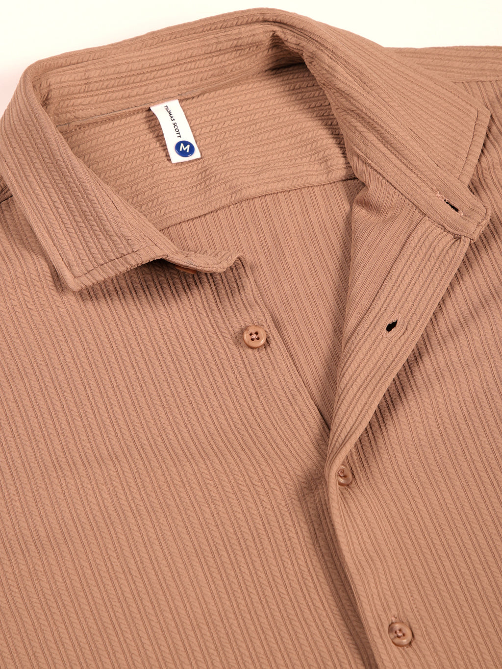 Thomas Scott Men Peach Premium Slim Fit Short Sleeves Vertical Stripes Casual Shirt