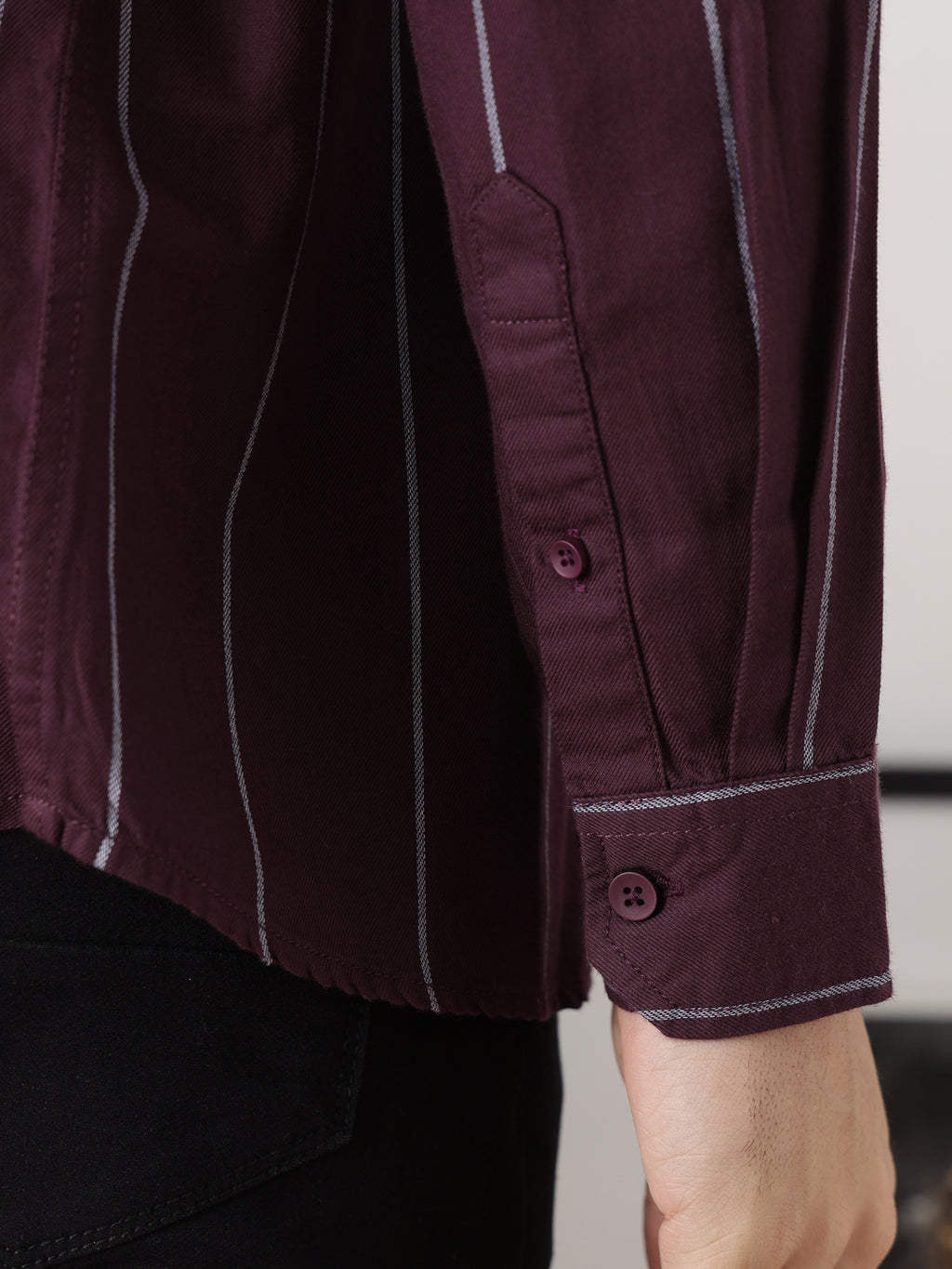 Maroon Slim Fit Long Sleeves Button-Down Collar Vertical Stripes Cotton Twill Casual Shirt For Men