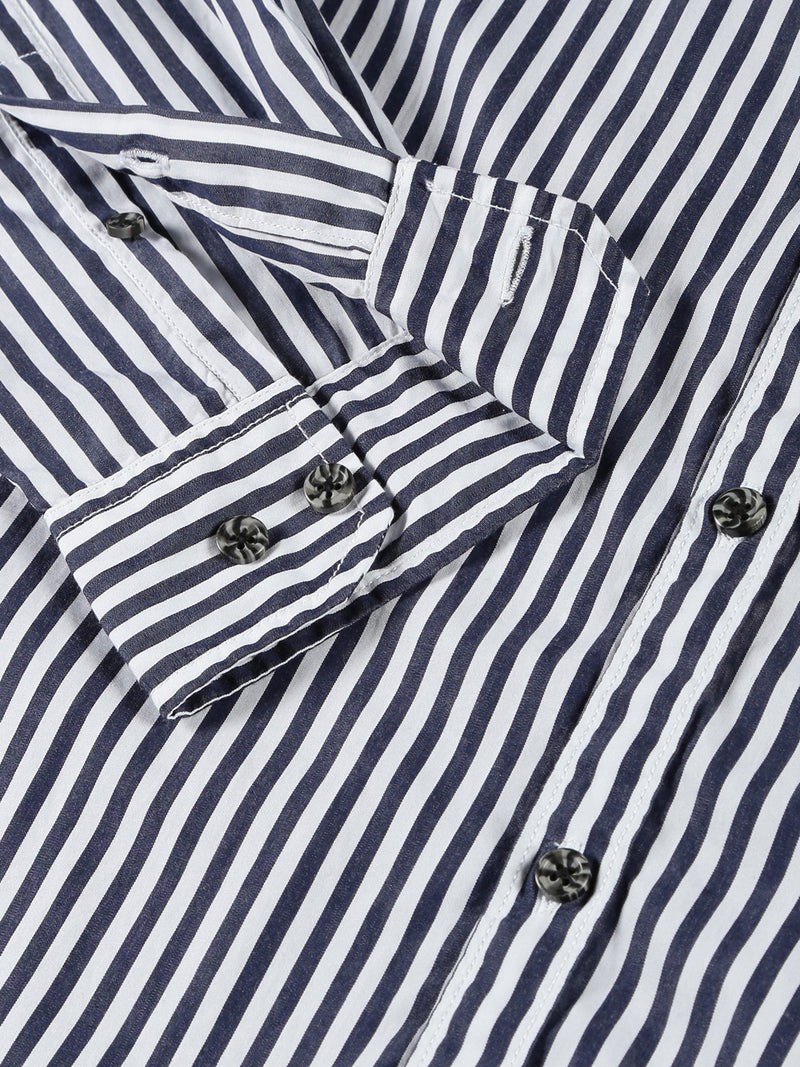 Thomas Scott Men Dark Navy Classic Slim Fit Long Sleeves Spread Collar Vertical Stripes Cotton Casual Shirt