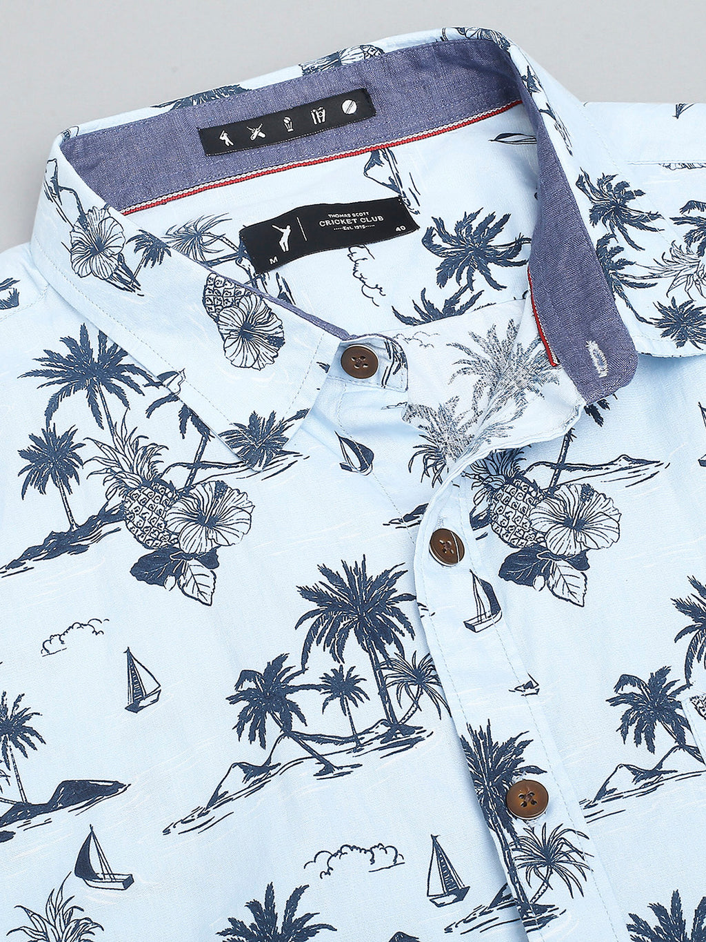 Thomas Scott Men Sky Blue Classic Short Sleeves Slim Fit Spread Collar Floral Printed Cotton Casual Shirt