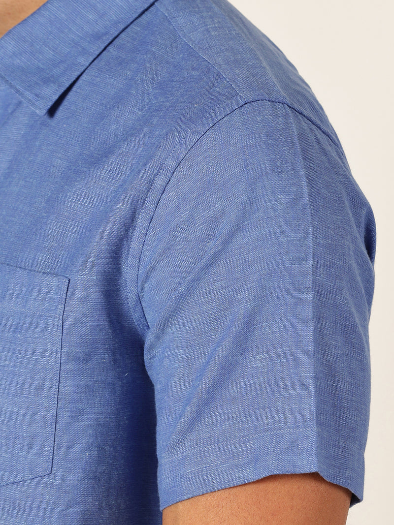 Thomas Scott Men Blue Premium Slim Fit Short Sleeves Spread Collar Solid Cotton Linen Casual Shirt