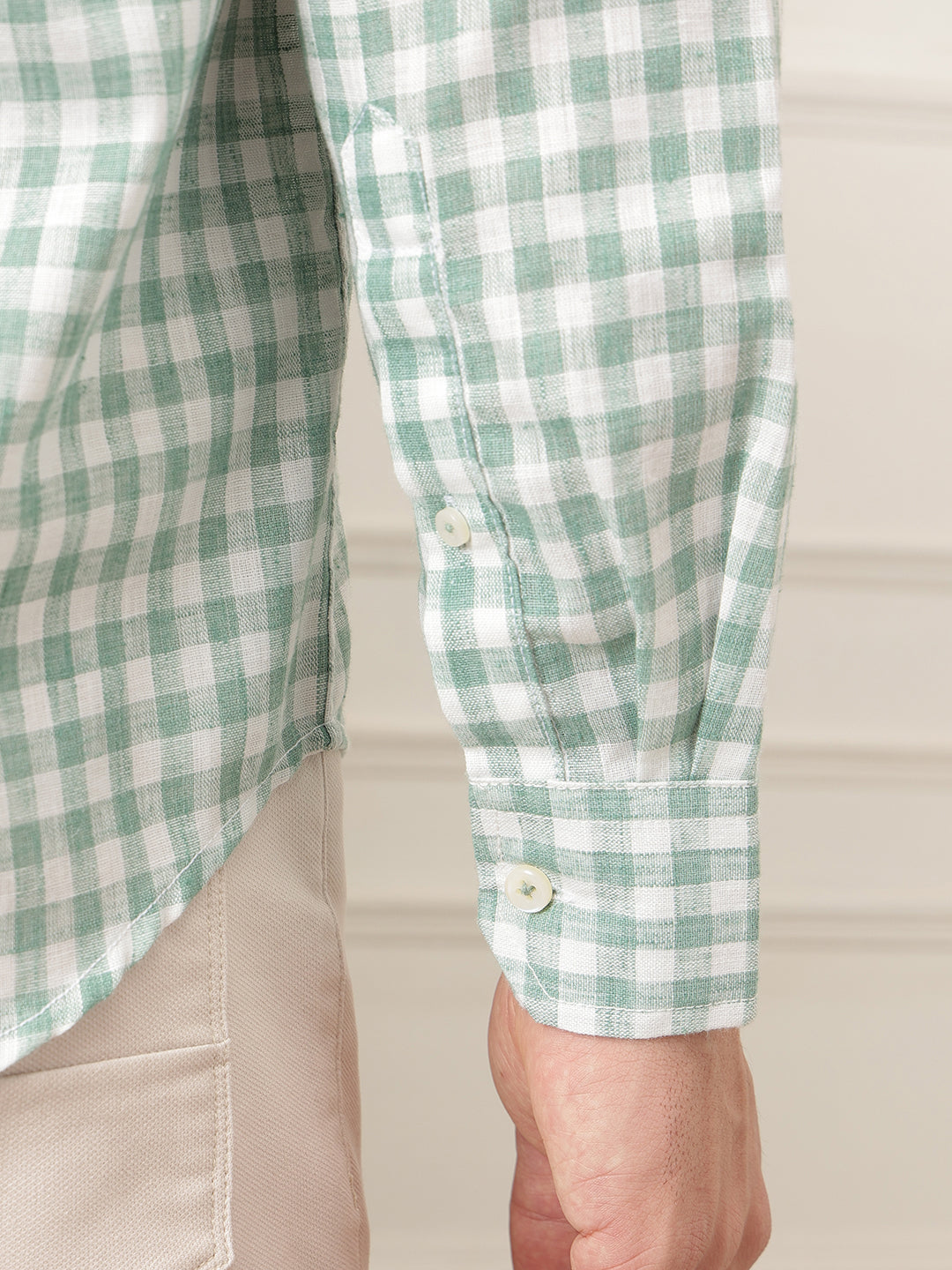 Green Premium Regular Fit Gingham Checks Cotton Linen Shirt For Men