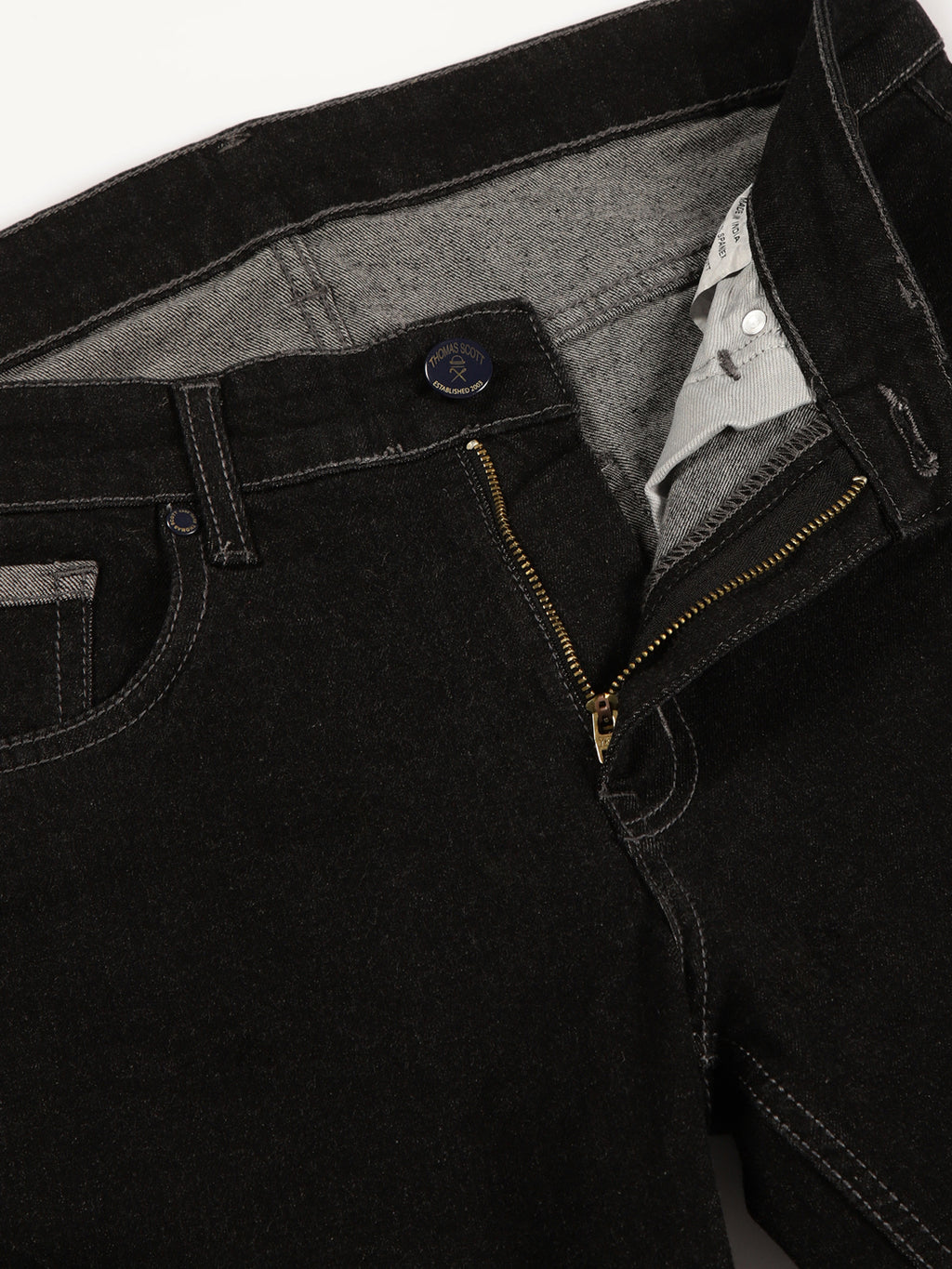 Thomas Scott Men Black Smart Tapered Fit Mid-Rise Clean Look Cropped Stretchable Jeans