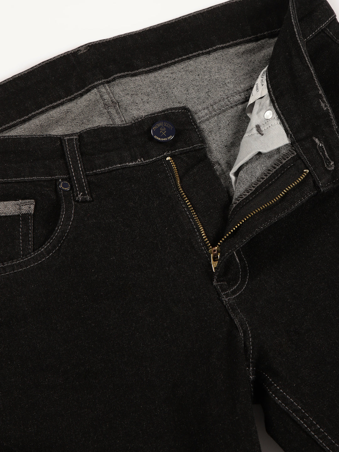 Thomas Scott Men Black Smart Tapered Fit Mid-Rise Clean Look Cropped Stretchable Jeans