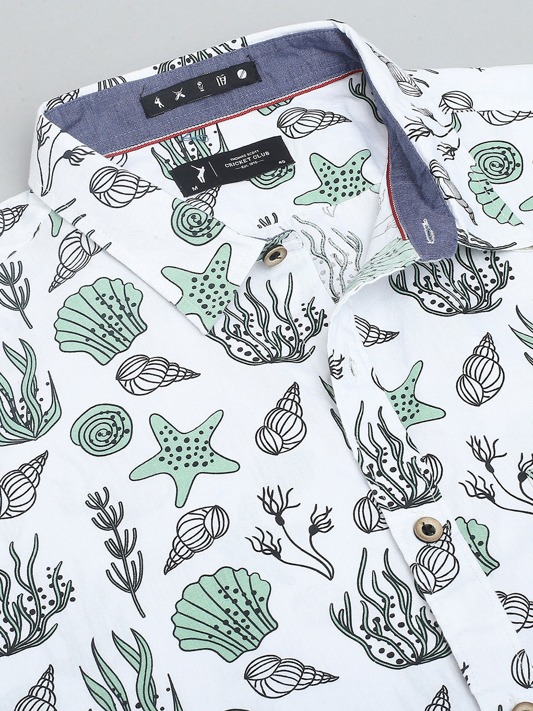Thomas Scott Men Grey Classic Short Sleeves Slim Fit Spread Collar Floral Printed Cotton Casual Shirt