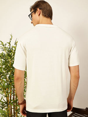 White Short Sleeves Regular Fit Self Design Cotton Polo Collar Knitted Tshirts For Men