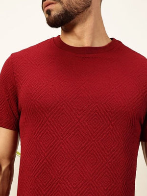 Maroon Regular Fit Short Sleeves Round Neck Solid Knitted Tshirt For Men