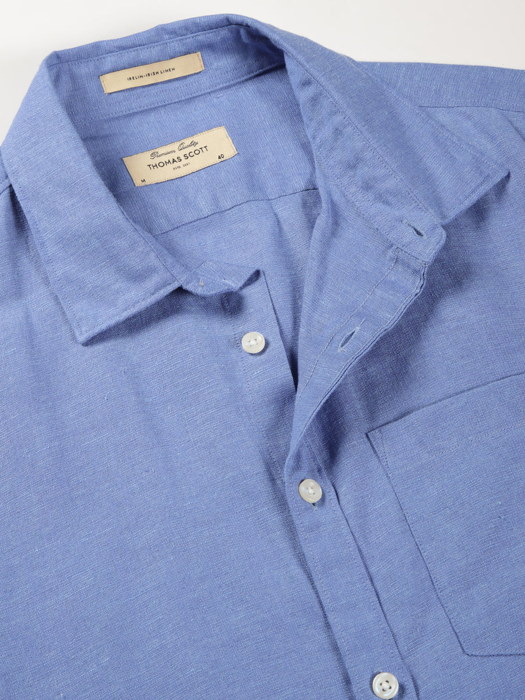 Thomas Scott Men Blue Premium Slim Fit Short Sleeves Spread Collar Solid Cotton Linen Casual Shirt