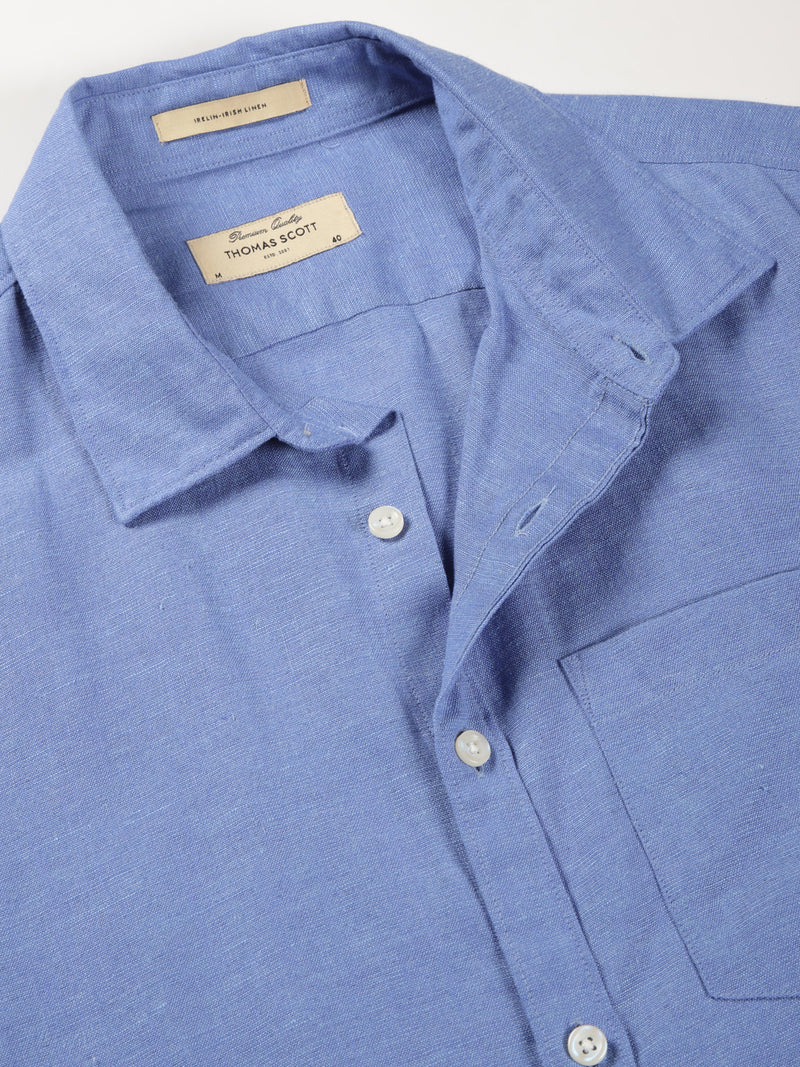 Thomas Scott Men Blue Premium Slim Fit Short Sleeves Spread Collar Solid Cotton Linen Casual Shirt