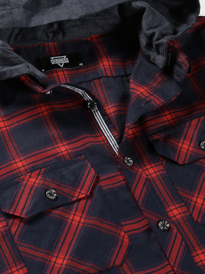 Thomas Scott Men Classic Hood Collar Tartan Checks Opaque Checked Casual Shirt