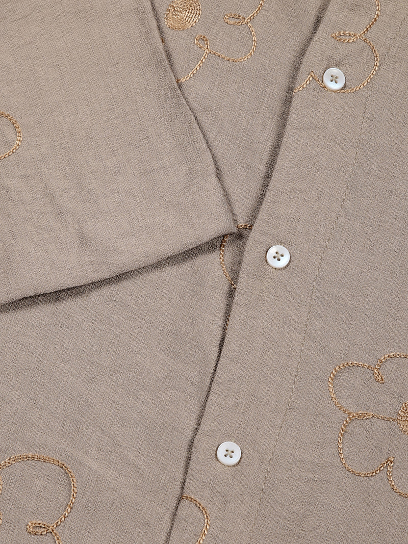 Thomas Scott Men Beige Regular Fit Short Sleeves Cuban Collar Embroidered Shirt