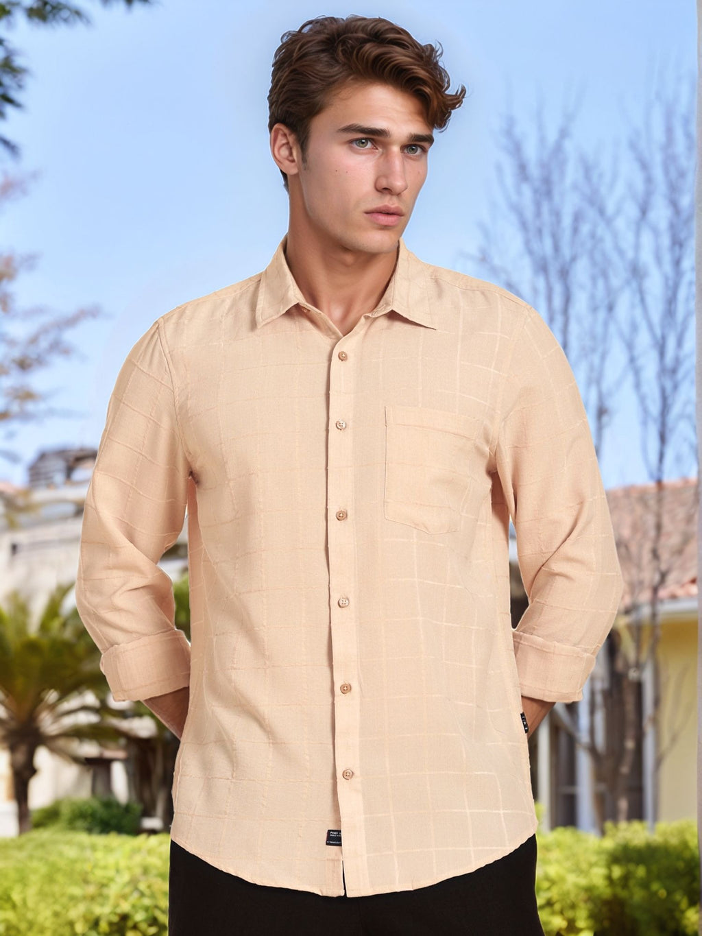 Thomas Scott Men Beige Regular Fit Long Sleeves Spread Collar Windowpane Checks Casual Shirt