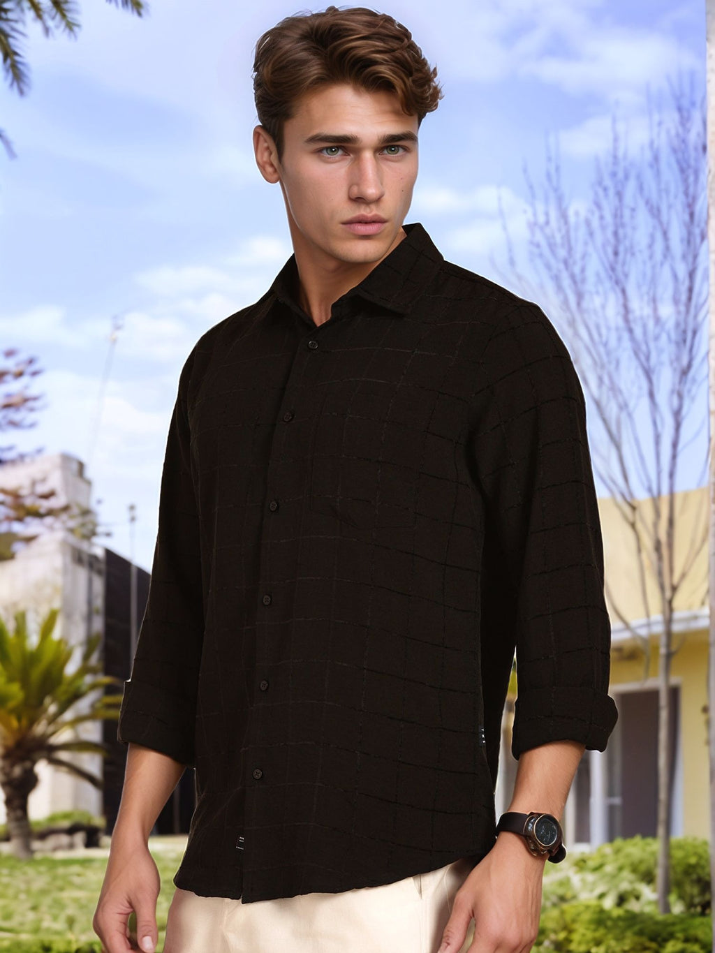 Thomas Scott Men Black Regular Fit Long Sleeves Spread Collar Windowpane Checks Casual Shirt