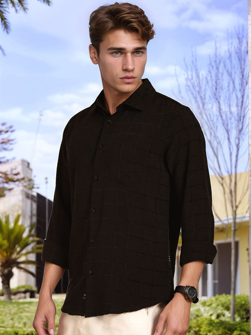 Thomas Scott Men Black Regular Fit Long Sleeves Spread Collar Windowpane Checks Casual Shirt