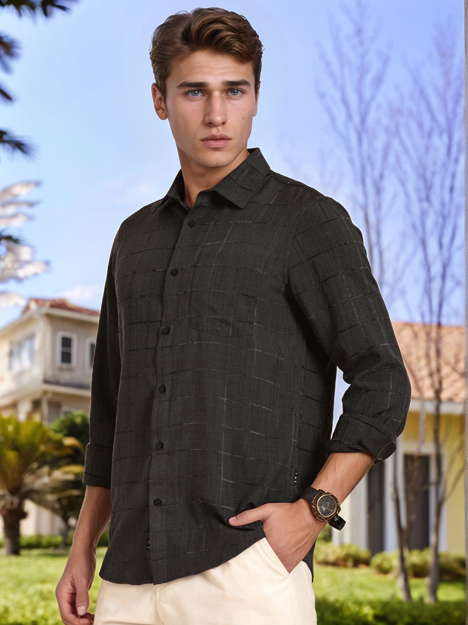 Thomas Scott Men Grey Regular Fit Long Sleeves Spread Collar Windowpane Checks Casual Shirt