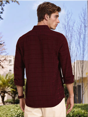 Thomas Scott Men Maroon Regular Fit Long Sleeves Spread Collar Windowpane Checks Casual Shirt