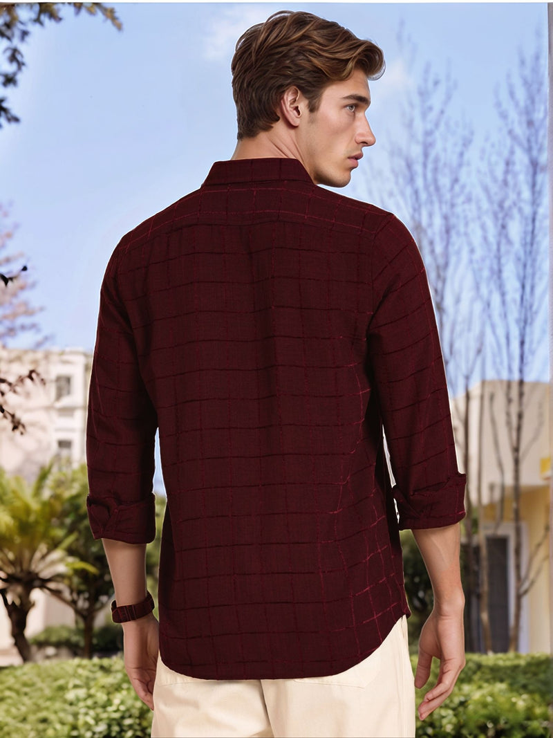 Thomas Scott Men Maroon Regular Fit Long Sleeves Spread Collar Windowpane Checks Casual Shirt