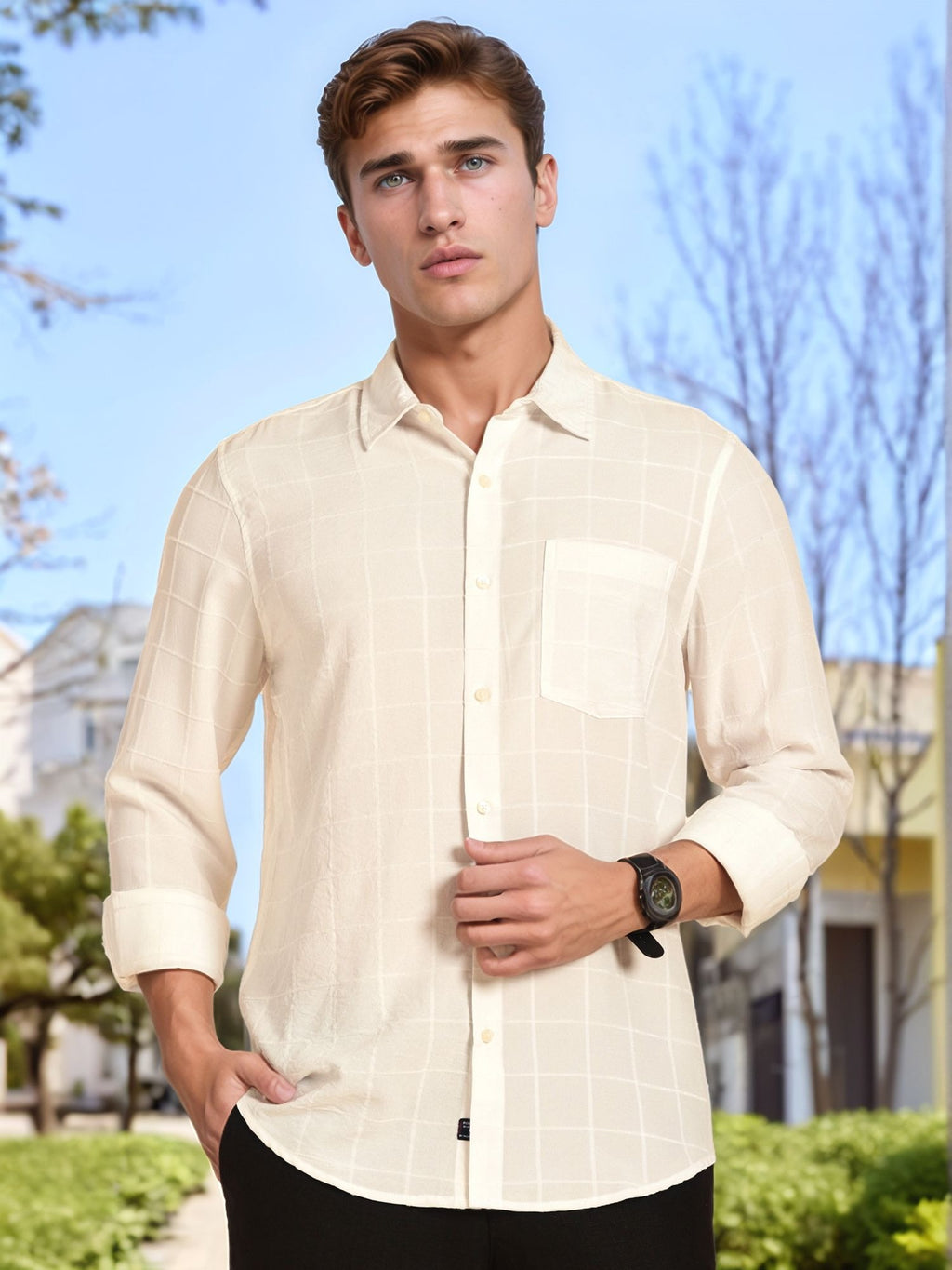 Thomas Scott Men White Regular Fit Long Sleeves Spread Collar Windowpane Checks Casual Shirt