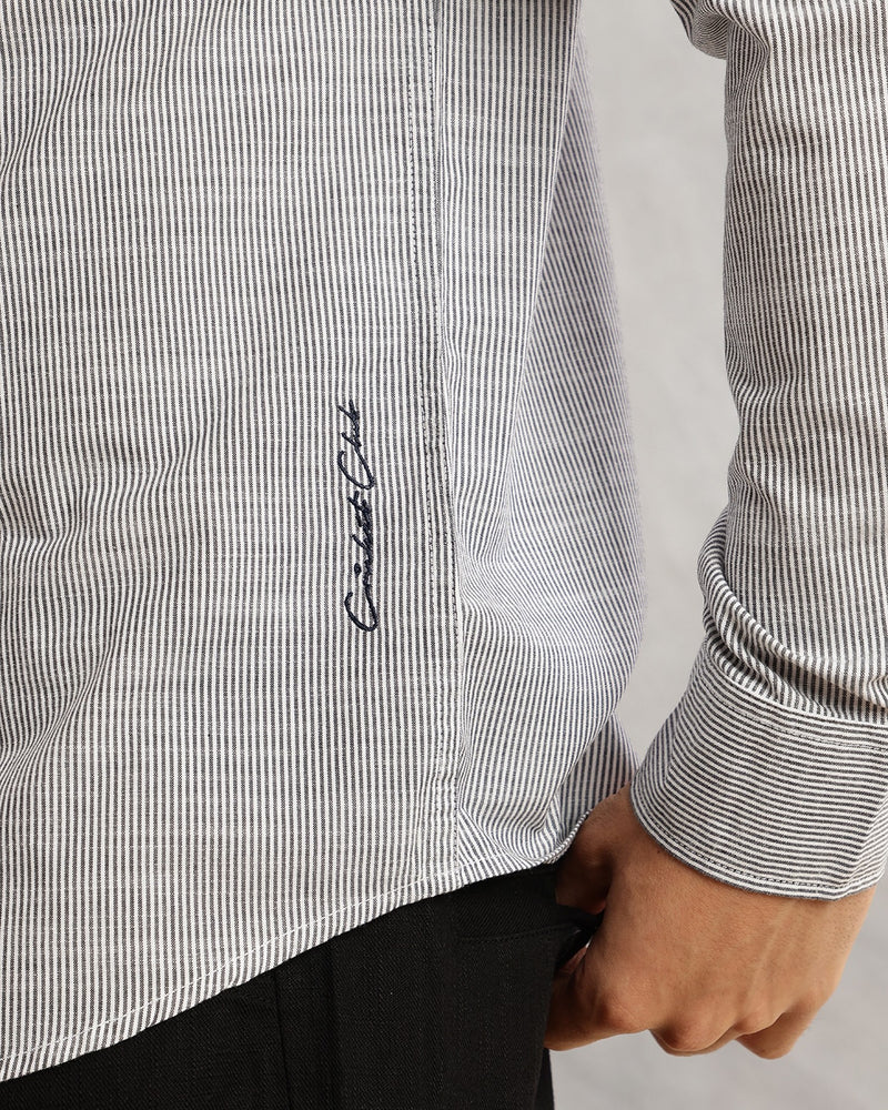 Thomas Scott Men Black Slim Fit Long Sleeves Mandarin Collar Pinstripes Cotton Linen Casual Shirt