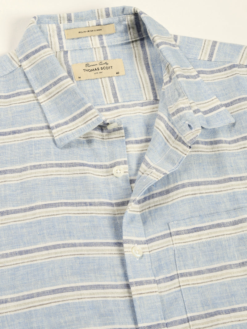 Thomas Scott Men Blue Slim Fit Long Sleeves Spread Collar Horizontal Stripes Linen Casual Shirt