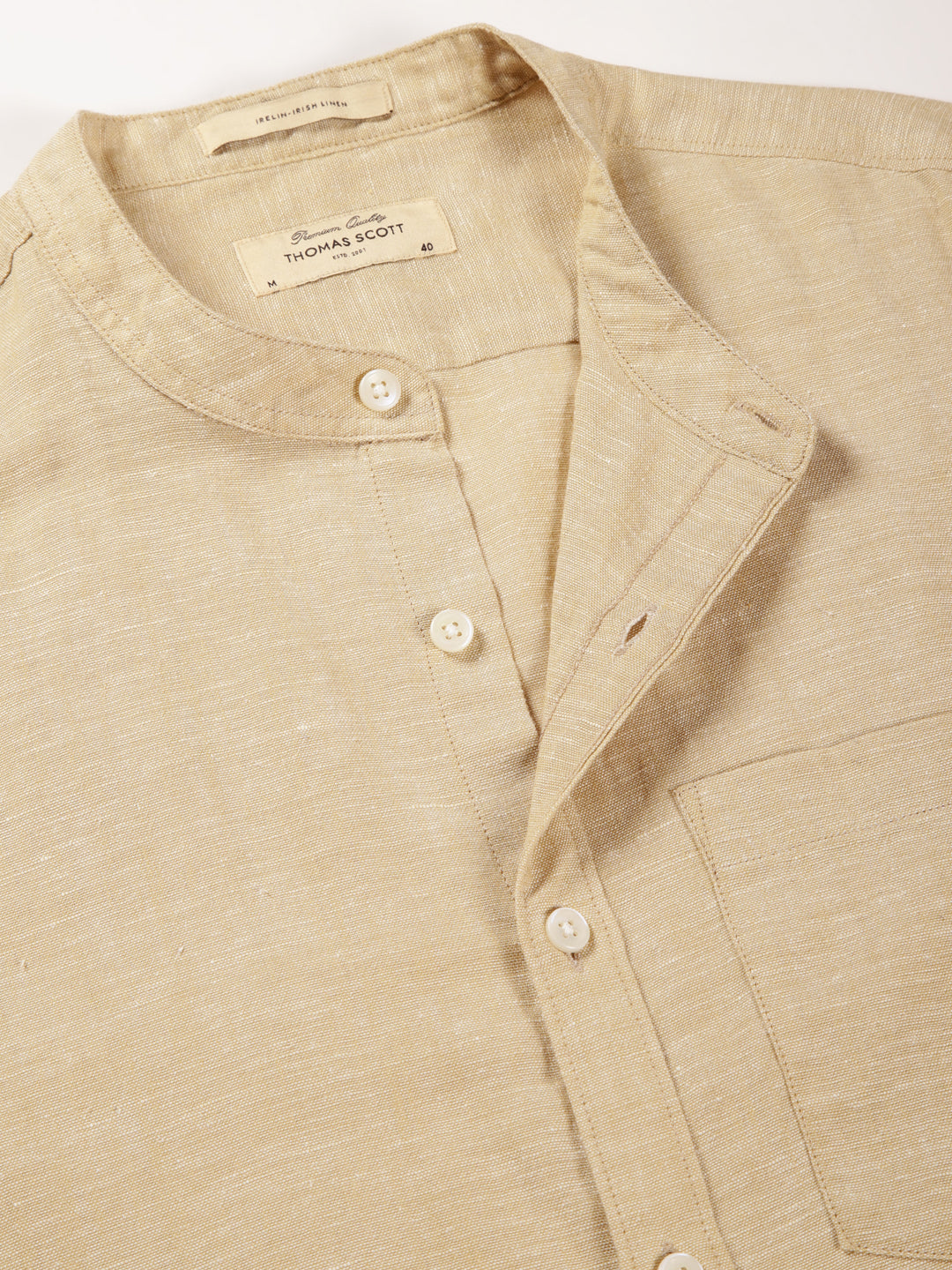 Thomas Scott Men Khaki Slim Fit Long Sleeves Mandarin Collar Cotton Linen Casual Shirt