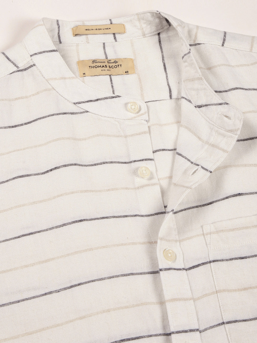 Thomas Scott Men Cream Slim Fit Long Sleeves Horizontal Stripes Linen Casual Shirt