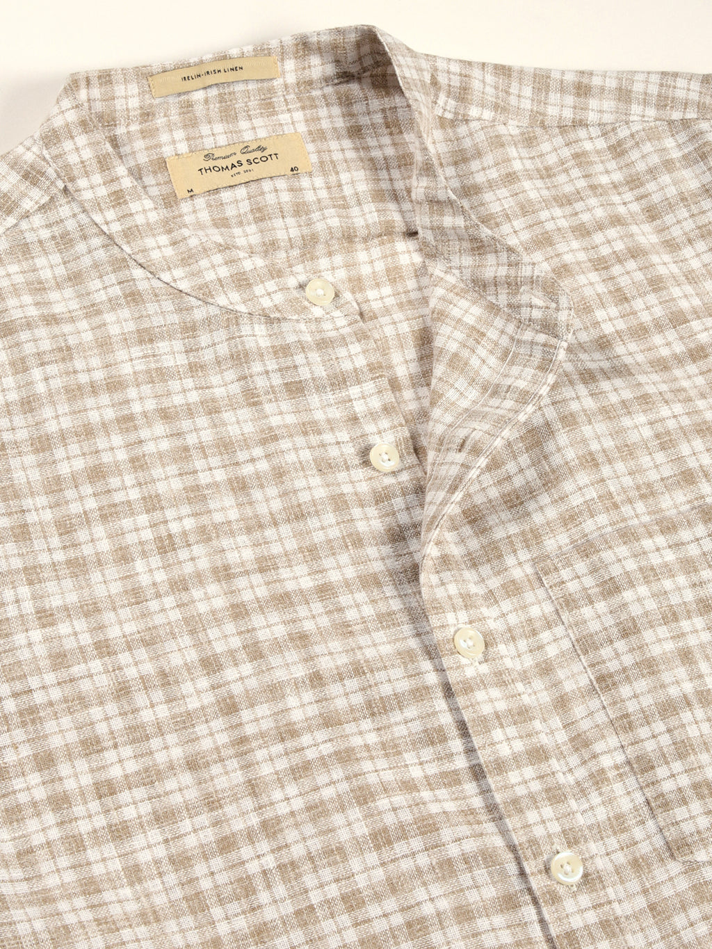 Thomas Scott Men Beige Long Sleeves Slim Fit Mandarin Collar Grid Tattersall Checks Linen Casual Shirt