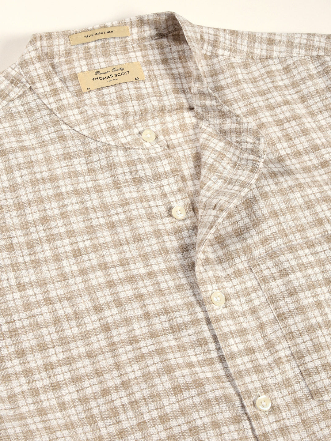 Thomas Scott Men Beige Long Sleeves Slim Fit Mandarin Collar Grid Tattersall Checks Linen Casual Shirt