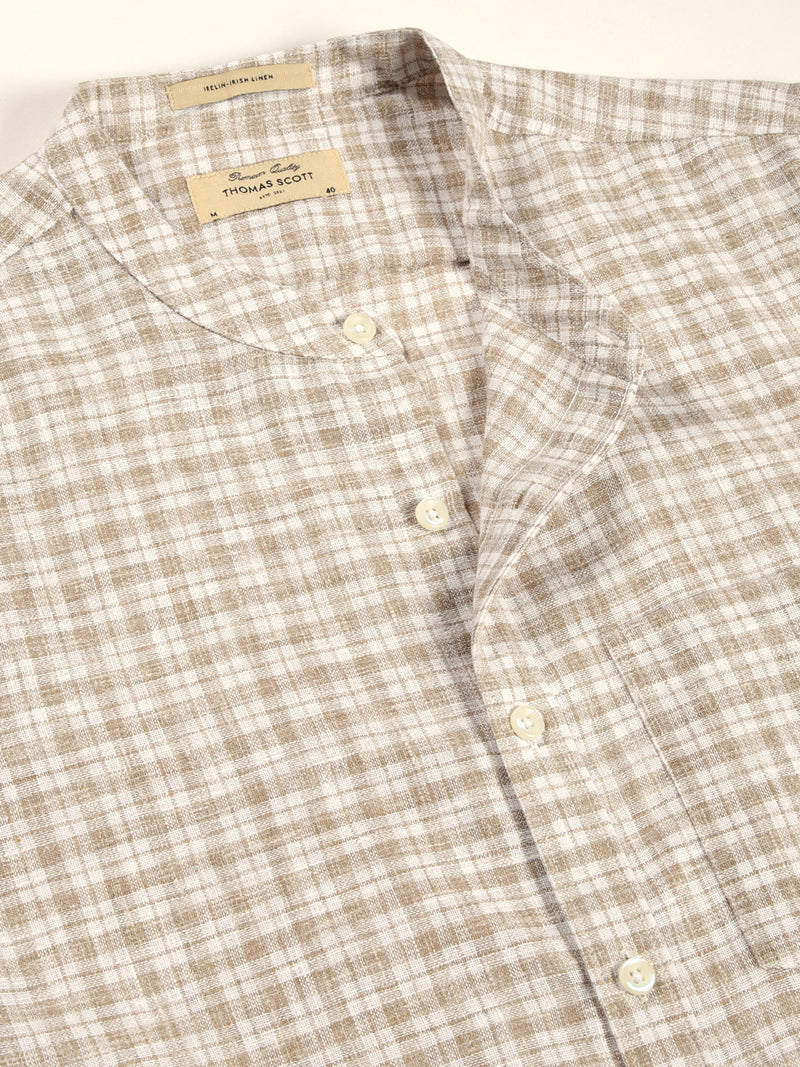 Thomas Scott Men Beige Long Sleeves Slim Fit Mandarin Collar Grid Tattersall Checks Linen Casual Shirt
