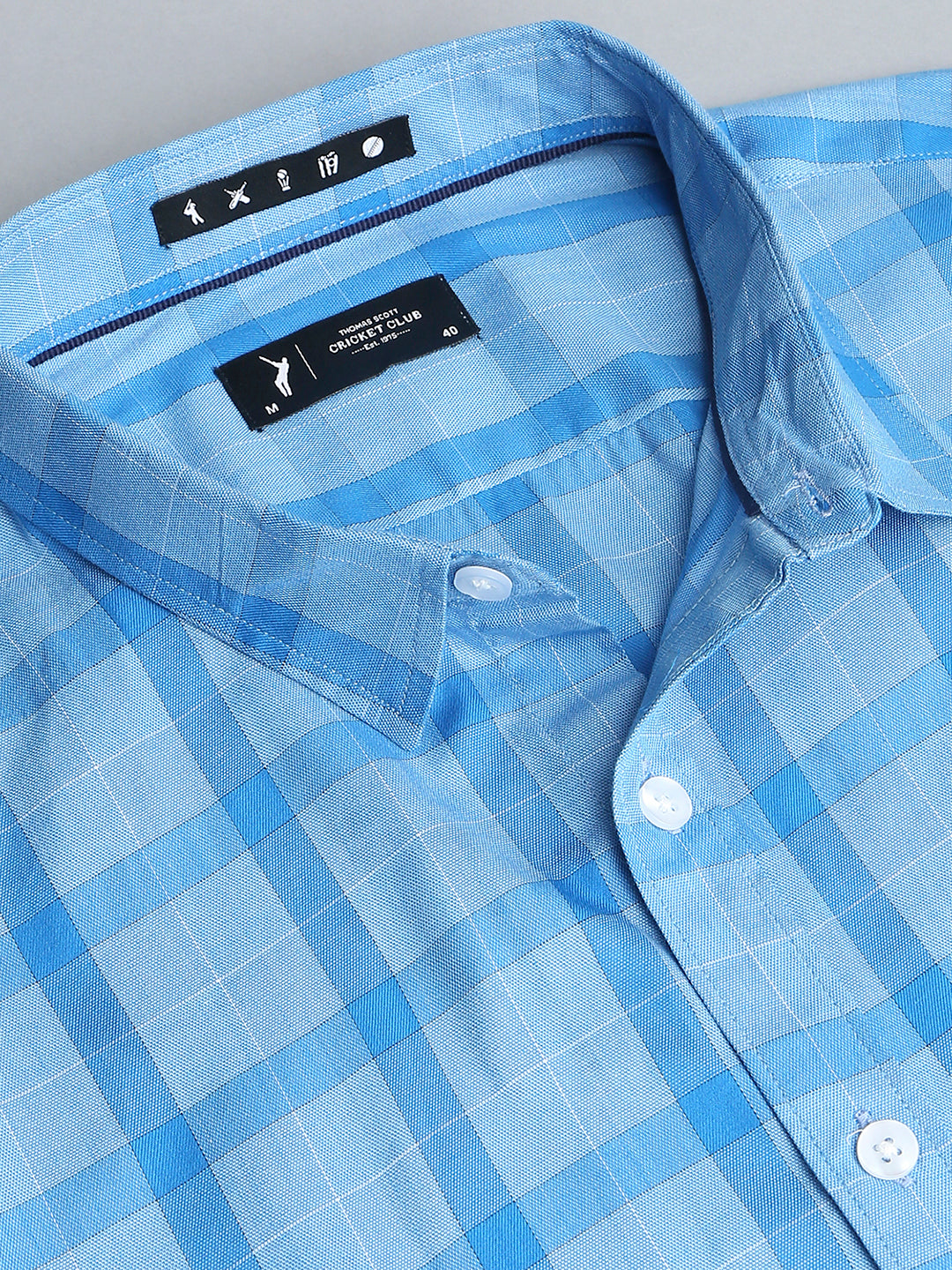 Thomas Scott Men Royal Blue Cricket Club Collection Slim Fit Long Sleeves Spread Collar Grid Tattersall Checks 100% Cotton Casual Shirt