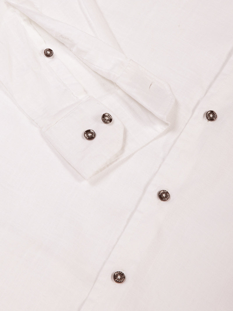 Thomas Scott Men White Slim Fit Long Sleeves Solid Mandarin Collar Cotton Linen Casual Shirt