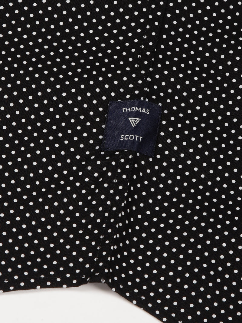 Thomas Scott Men Black Premium Slim Fit Long Sleeves Band Collar Micro Dots Printed Cotton Casual Shirt
