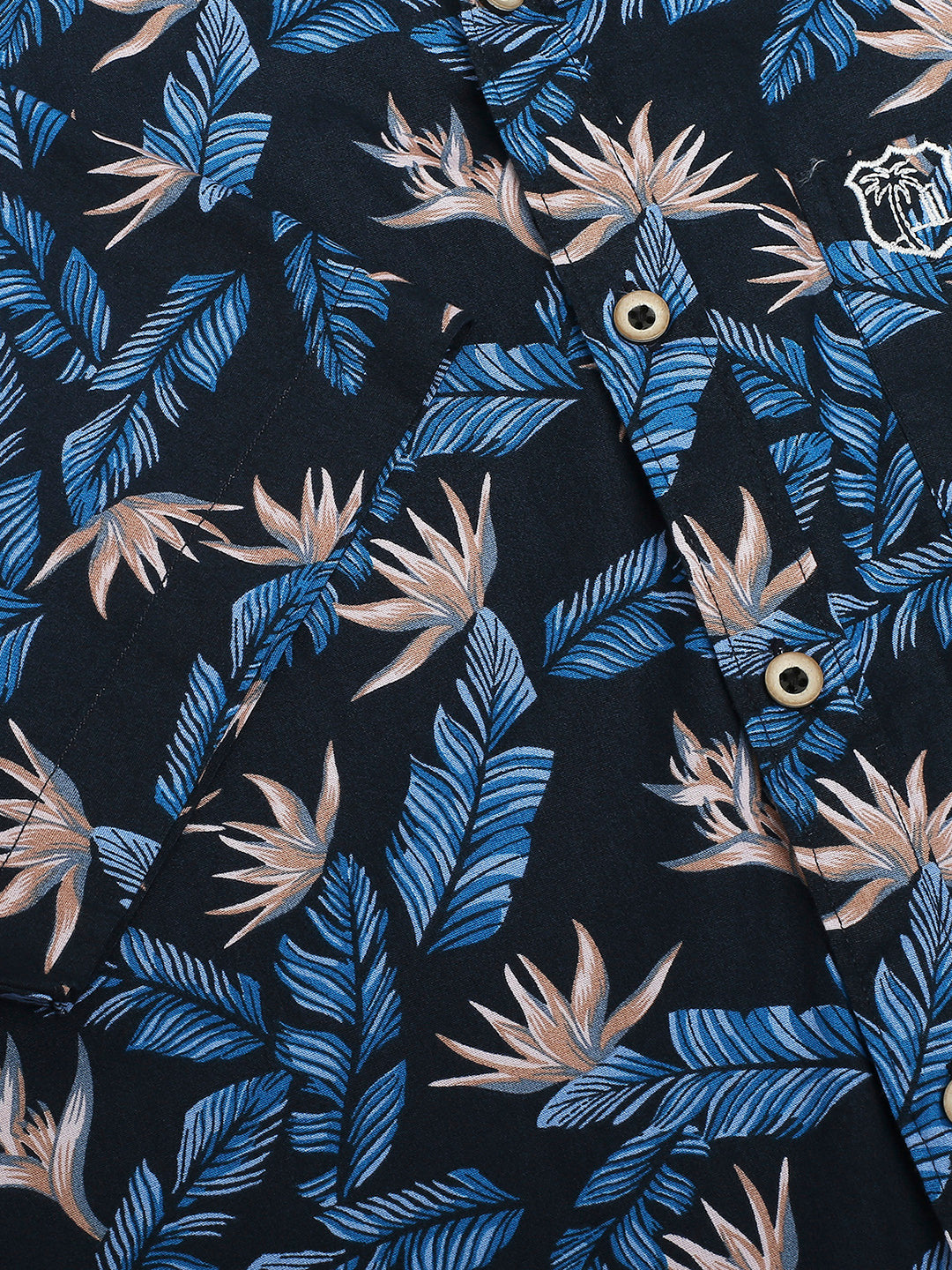 Thomas Scott Men Navy Classic Short Sleeves Slim Fit Spread Collar Floral Printed Cotton Casual Shirt